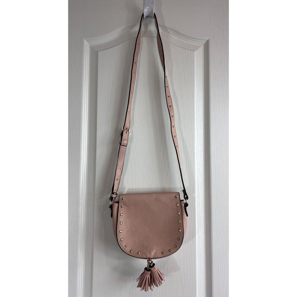 Victoria's Secret Pink Faux Leather Crossbody Saddle Bag Purse Studded Tassels